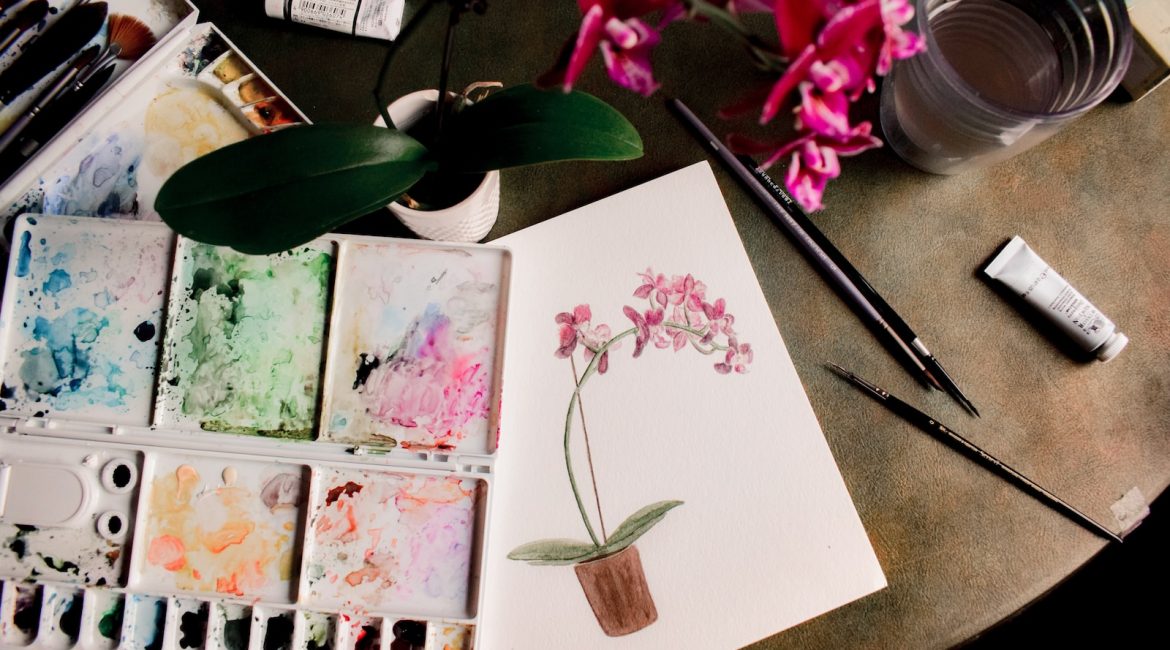 white pink and green floral painting