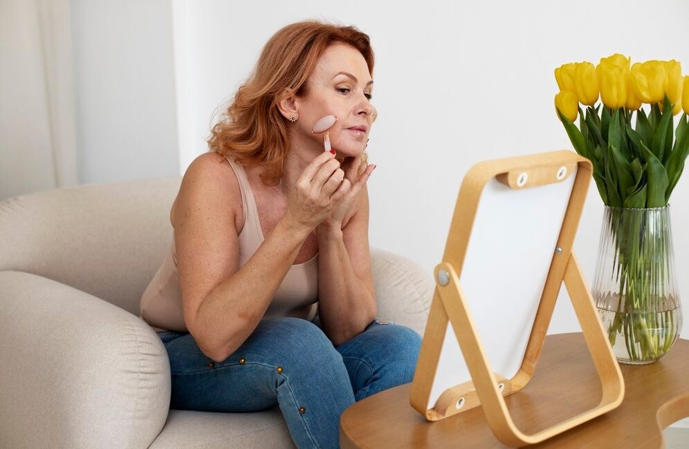 A woman sits on a couch, applying makeup with a focused expression and a mirror in front of her