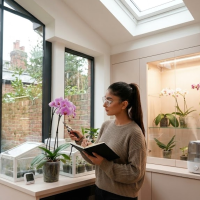 Woman tending indoor flowers with a notebook in a well-lit conservatory garden room.
