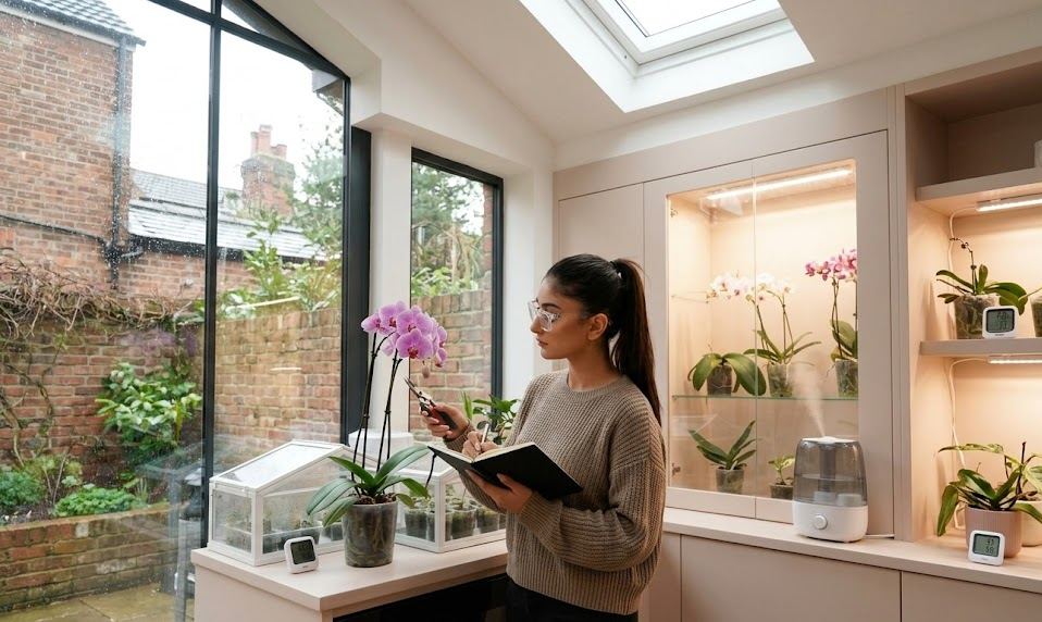 Woman tending indoor flowers with a notebook in a well-lit conservatory garden room.