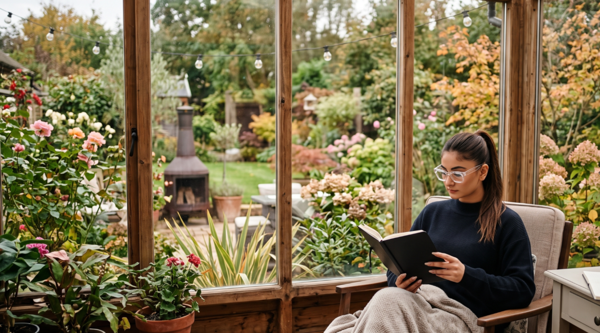 Woman reading book in cosy sunroom surrounded by blooming garden, wrapped in blanket, enjoying peaceful autumn day