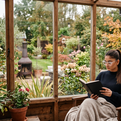 Woman reading book in cosy sunroom surrounded by blooming garden, wrapped in blanket, enjoying peaceful autumn day